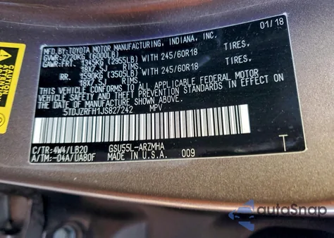 2018 Toyota Highlander Se z USA, uszkodzony, nr VIN 5TDJZRFH1JS827242